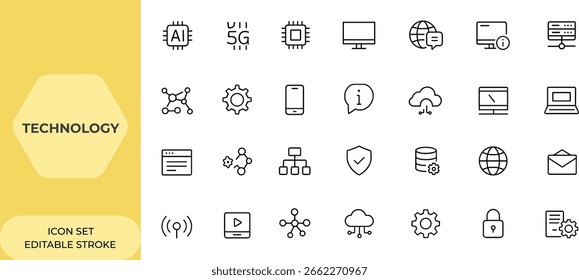 Web- und Mobile-App-Technologie-Symbole im Linienstil: AI, 5G, Chip, Computer, Kommunikation, Rechenzentrum, IT-Netzwerk, Software, Gerät, Informationstechnologie, Webdesign, System und mehr.