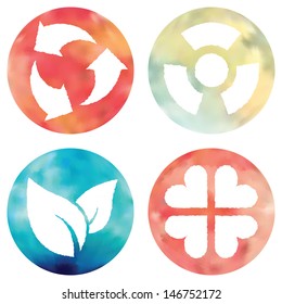 Web and mobile apps circle watercolor buttons set.  All elements are in separate layers for easy using.  Vector illustration.
