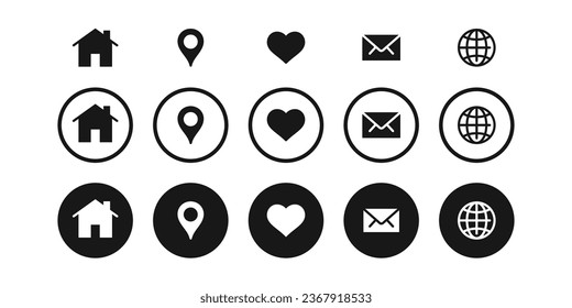Símbolo de icono de comunicación web y móvil, ubicación, internet, correo, concepto de casa en la ilustración de pantalla plana de fondo blanco.