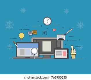 Web and mobile design and developing on winter background