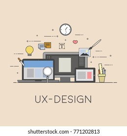 Web and mobile design. UX-design. Process of design. Flat design