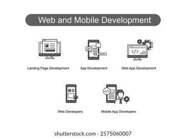 Web and Mobile Development. Icons included: Landing Page Development, App Development, Web App Development, Mobile App Developers, Web Developers.