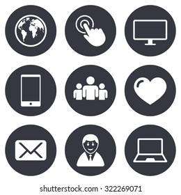 Web, mobile devices icons. Share, mail and like signs. Laptop, phone and monitor symbols. Gray flat circle buttons. Vector