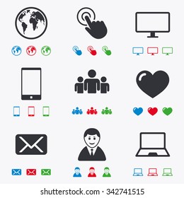 Web, mobile devices icons. Share, mail and like signs. Laptop, phone and monitor symbols. Flat black, red, blue and green icons.
