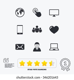 Web, mobile devices icons. Share, mail and like signs. Laptop, phone and monitor symbols. Star vote ranking. Award achievement and quotes.