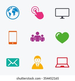 Web, mobile devices icons. Share, mail and like signs. Laptop, phone and monitor symbols. Flat colored graphic icons.