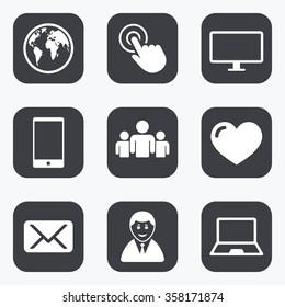 Web, mobile devices icons. Share, mail and like signs. Laptop, phone and monitor symbols. Flat square buttons with rounded corners.