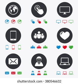 Web, mobile devices icons. Share, mail and like signs. Laptop, phone and monitor symbols. Flat circle buttons with icons.