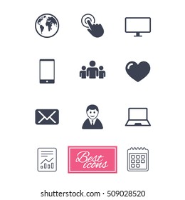 Web, mobile devices icons. Share, mail and like signs. Laptop, phone and monitor symbols. Report document, calendar icons. Vector