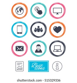 Web, mobile devices icons. Share, mail and like signs. Laptop, phone and monitor symbols. Report document, information icons. Vector
