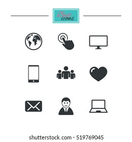 Web, mobile devices icons. Share, mail and like signs. Laptop, phone and monitor symbols. Black flat icons. Classic design. Vector