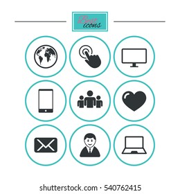 Web, mobile devices icons. Share, mail and like signs. Laptop, phone and monitor symbols. Round flat buttons with icons. Vector