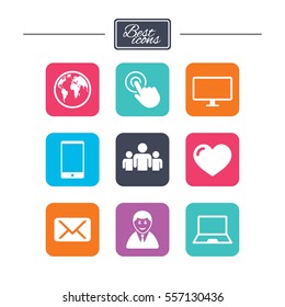 Web, mobile devices icons. Share, mail and like signs. Laptop, phone and monitor symbols. Colorful flat square buttons with icons. Vector