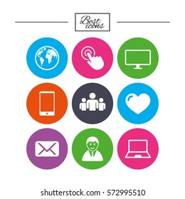 Web, mobile devices icons. Share, mail and like signs. Laptop, phone and monitor symbols. Classic simple flat icons. Vector