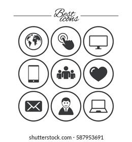 Web, mobile devices icons. Share, mail and like signs. Laptop, phone and monitor symbols. Classic simple flat icons. Vector