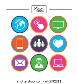 Web, mobile devices icons. Share, mail and like signs. Laptop, phone and monitor symbols. Classic simple flat icons. Vector