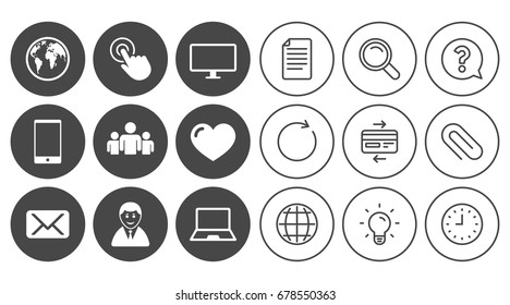 Web, mobile devices icons. Share, mail and like signs. Laptop, phone and monitor symbols. Document, Globe and Clock line signs. Lamp, Magnifier and Paper clip icons. Question, Credit card and Refresh