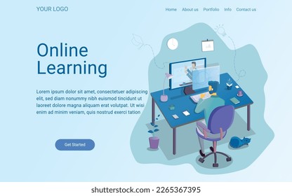 Web and mobile graphic vector illustration of boy studying at home and sitting on chair at table using online education media with digital learning objects