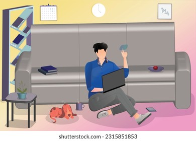 Web and mobile graphic vector illustration of young boy studying using online education media with digital learning objects at home and sitting on floor