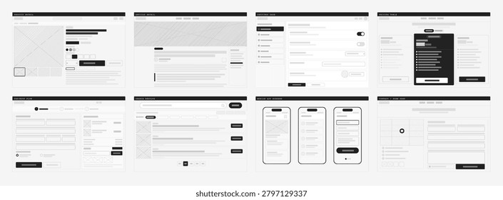 Web and Mobile Wireframe Templates UI Mockup Set. Wireframe UI templates set with product, article, settings, pricing, checkout, search, mobile app. Mockups landing page, app, website