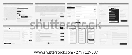 Web and Mobile Wireframe Templates UI Mockup Set. Wireframe UI templates set with product, article, settings, pricing, checkout, search, mobile app. Mockups landing page, app, website
