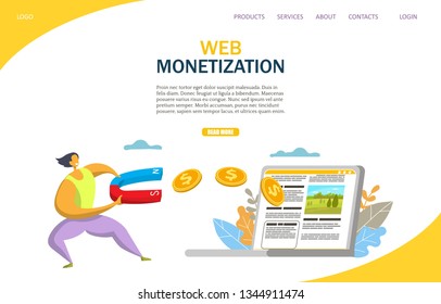 Web monetization vector website template, web page and landing page design for website and mobile site development. Making money from website advertising, pay per click, pay per impression.