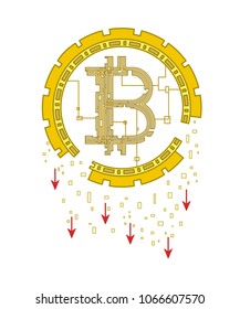 Web money price crash, red sales arrow down vector, graphic digital image - Bitcoin Fall. The crypto currency is destroyed, it splits into pieces on a white background.