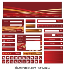 web navigation with buttons, boxes and icons isolated on white, red and gold