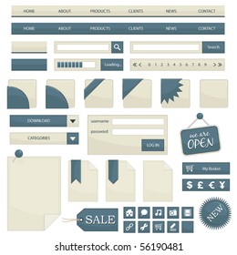 web navigation with buttons, tags and icons isolated on white, no gradients