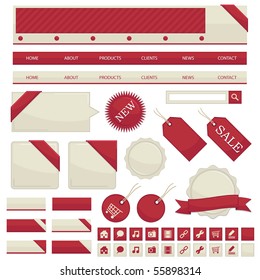 web navigation with buttons, tags and ribbons isolated on white