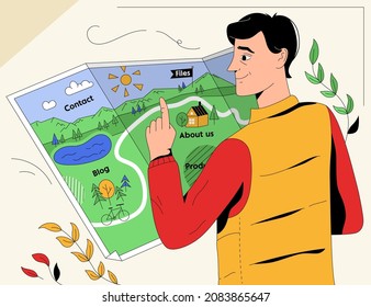 Web navigation concept. Man examines navigation map on website with information about Blog, Contacts, Files, About us and other sections. Online business communication. Vector character illustration