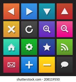 Web navigation icons on colored tiles, flat design