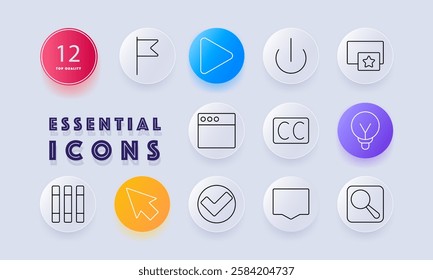 Web navigation set icon. Flag, play button, power, bookmark, web browser, subtitles, lightbulb, checklist, approval, research, exploration