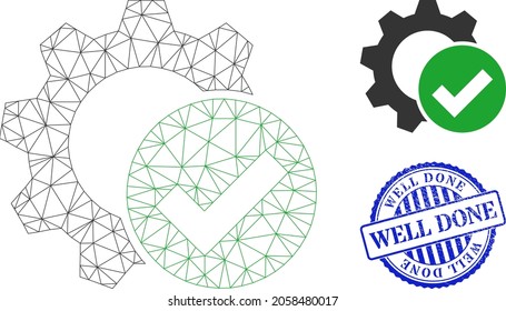 Das Web-Netz wendet Einstellungen Getriebe Vektorsymbol, und blau rund WELL DONE strukturierte Wasserzeichen. GUT DONE Wasserzeichen verwendet runde Form und blaue Farbe. Flaches 2d-Modell, das aus dem Symbol für die Anwendung des Einstellgeräts erstellt wurde.