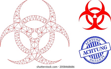 Web net biohazard vector icon, and blue round ACHTUNG scratched stamp print. ACHTUNG imprint uses round template and blue color. Flat 2d carcass created from biohazard icon.