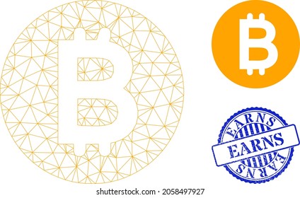 Web net bitcoin gold coin vector icon, and blue round EARNS corroded stamp imitation. EARNS stamp seal uses round template and blue color. Flat 2d model created from bitcoin gold coin icon.