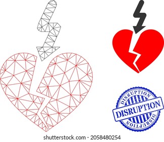 Web net break love heart vector icon, and blue round DISRUPTION scratched stamp seal. DISRUPTION stamp seal uses round template and blue color. Flat 2d carcass created from break love heart pictogram.