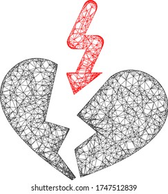 Internet-Aufspaltung Herz Vektorsymbol. Flat-2d-Schlachtkörper, der aus dem Piktogramm des zerbrochenen Herzens hergestellt wurde. Abstraktes Rahmennetz polygonales Bruchherz. Netto-Karkasse mit flachem Maschen in EPS-Vektorformat auf weißem Hintergrund.