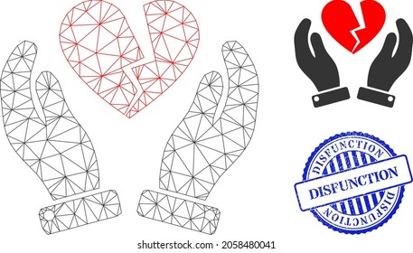 Web net broken heart care hands vector icon, and blue round DISFUNCTION rough stamp seal. DISFUNCTION stamp uses round shape and blue color. Flat 2d model created from broken heart care hands icon.
