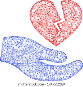 Web net broken heart offer hand vector icon. Flat 2d carcass created from broken heart offer hand pictogram. Abstract carcass mesh polygonal broken heart offer hand.