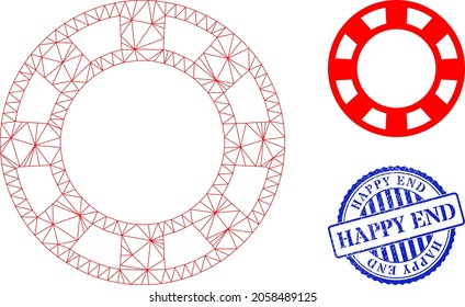 Web net casino chip vector icon, and blue round HAPPY END grunge stamp. HAPPY END stamp uses round shape and blue color. Flat 2d carcass created from casino chip icon.