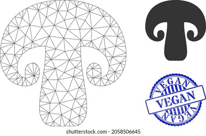 Web-Champignon Pilz-Vektorsymbol, und blau rund VEGAN Gummi-Druck. VEGAN-Siegel verwendet runde Vorlage und blaue Farbe. Flat 2d Modell erstellt aus Champignon Pilz-Symbol.