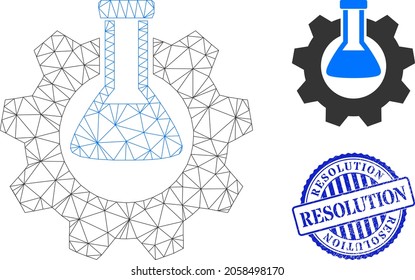 Web net chemical industry vector icon, and blue round RESOLUTION unclean stamp seal. RESOLUTION stamp seal uses round shape and blue color. Flat 2d carcass created from chemical industry icon.