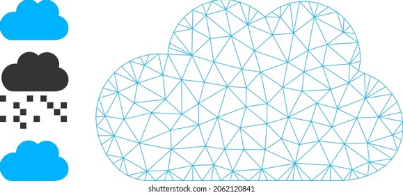 Web net cloud vector icon, and source icons. Flat 2d carcass created from cloud pictogram. Abstract carcass mesh polygonal cloud. Wire carcass 2D mesh in vector format, on a white background.