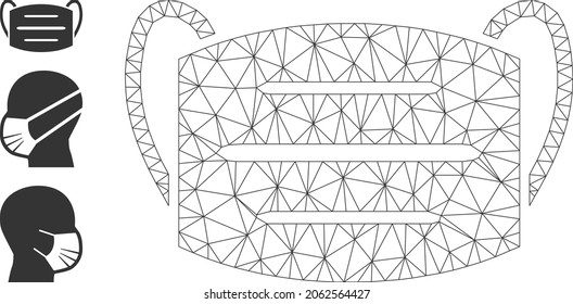 Web net covid mask vector icon, and original icons. Flat 2d carcass created from covid mask pictogram. Abstract carcass mesh polygonal covid mask. Net carcass 2D mesh in eps vector format,