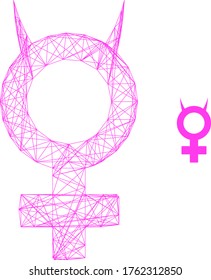 Web net devil female symbol vector icon. Flat 2d carcass created from devil female symbol pictogram. Abstract carcass mesh polygonal devil female symbol. Wire carcass 2D mesh in eps vector format,