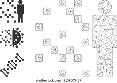 Web net digital man synthesis vector icon, and other icons. Flat 2d carcass created from digital man synthesis pictogram. Abstract carcass mesh polygonal digital man synthesis.