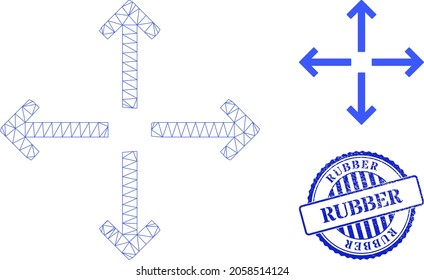 Web net expand arrows vector icon, and blue round RUBBER textured rubber print. RUBBER imprint uses round template and blue color. Flat 2d model created from expand arrows icon.
