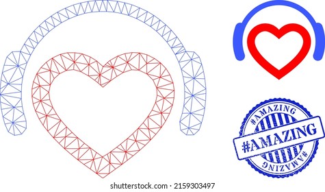 Web net favourite dj headphones vector icon, and blue round hashtag AMAZING rough rubber print. hashtag AMAZING stamp seal uses round form and blue color. Flat 2d carcass created from favourite dj