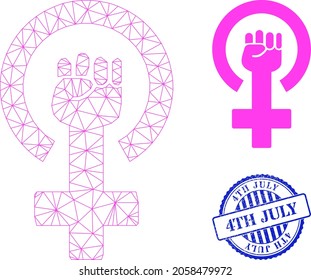 Web-net Feminismus Symbol Vektorsymbol, und blau rund 4. JULI schmutzige Stempel-Robbe. 4. JULI-Stempel verwendet runde Vorlage und blaue Farbe. Flacher 2-D-Schlachtkörper, der aus dem Symbol des Feminismus entstanden ist.